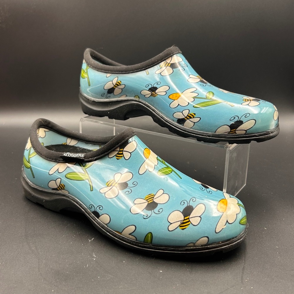 Sloggers Garden Shoes Women 10 Blue Bumblebee Daisy Waterproof Clogs Cottagecore